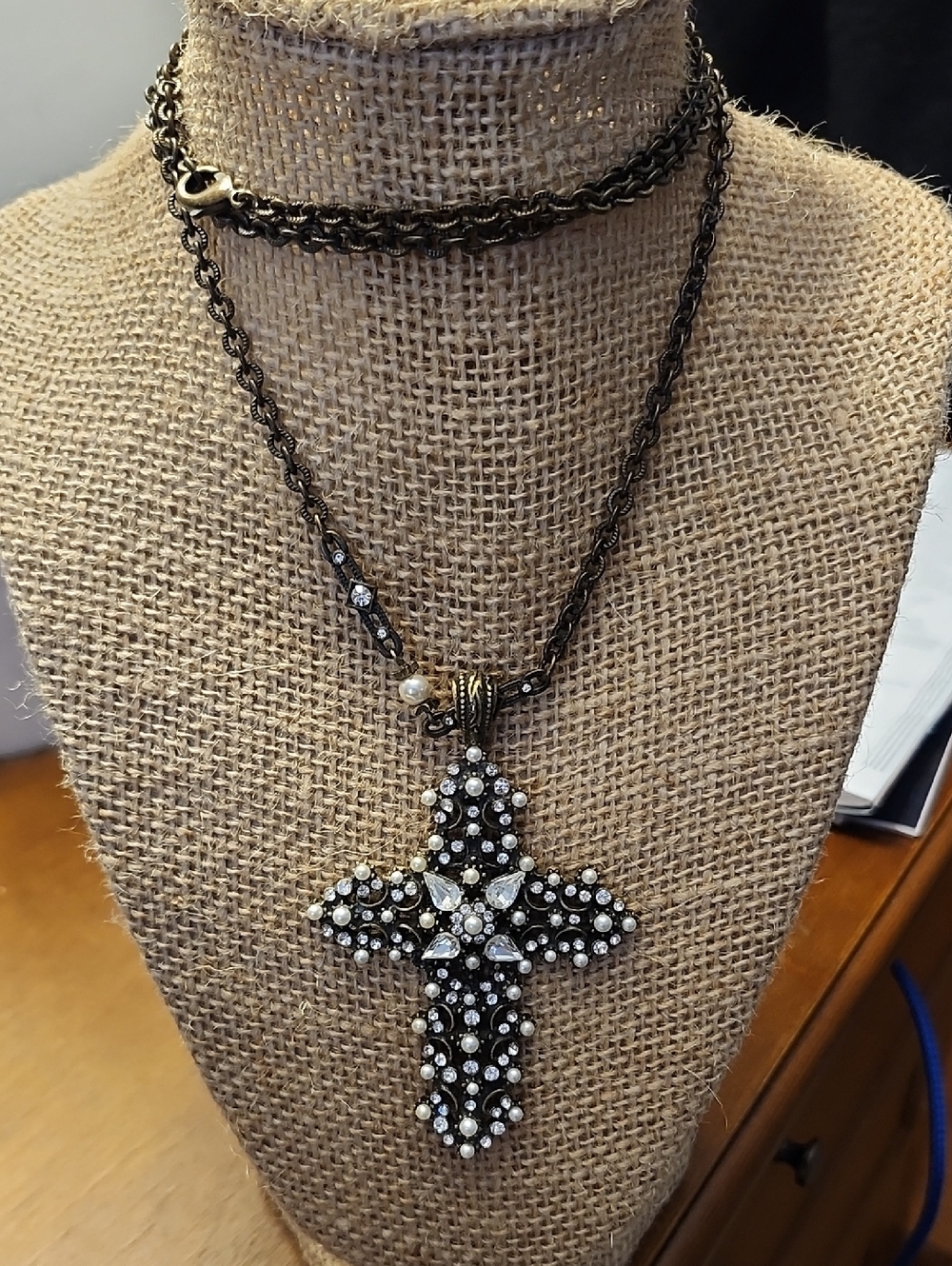 Sweet Romance Vintage Look Pearl & Crystal Cross Necklace